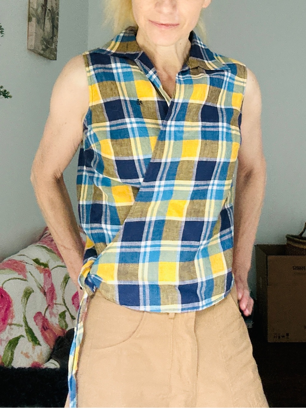 Ralph Lauren Blue and Yellow Linen Plaid Wrap Blouse S